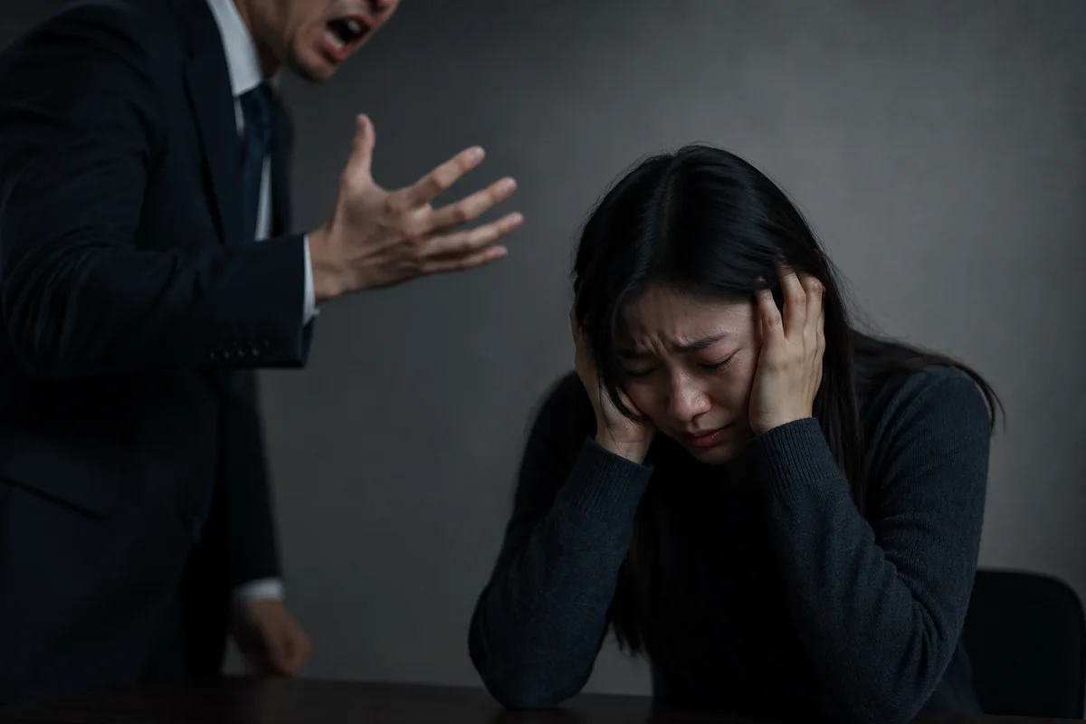 상속재산분할협의 등기 무효|남성의 폭언과 위협에 괴로워하는 여성의 모습